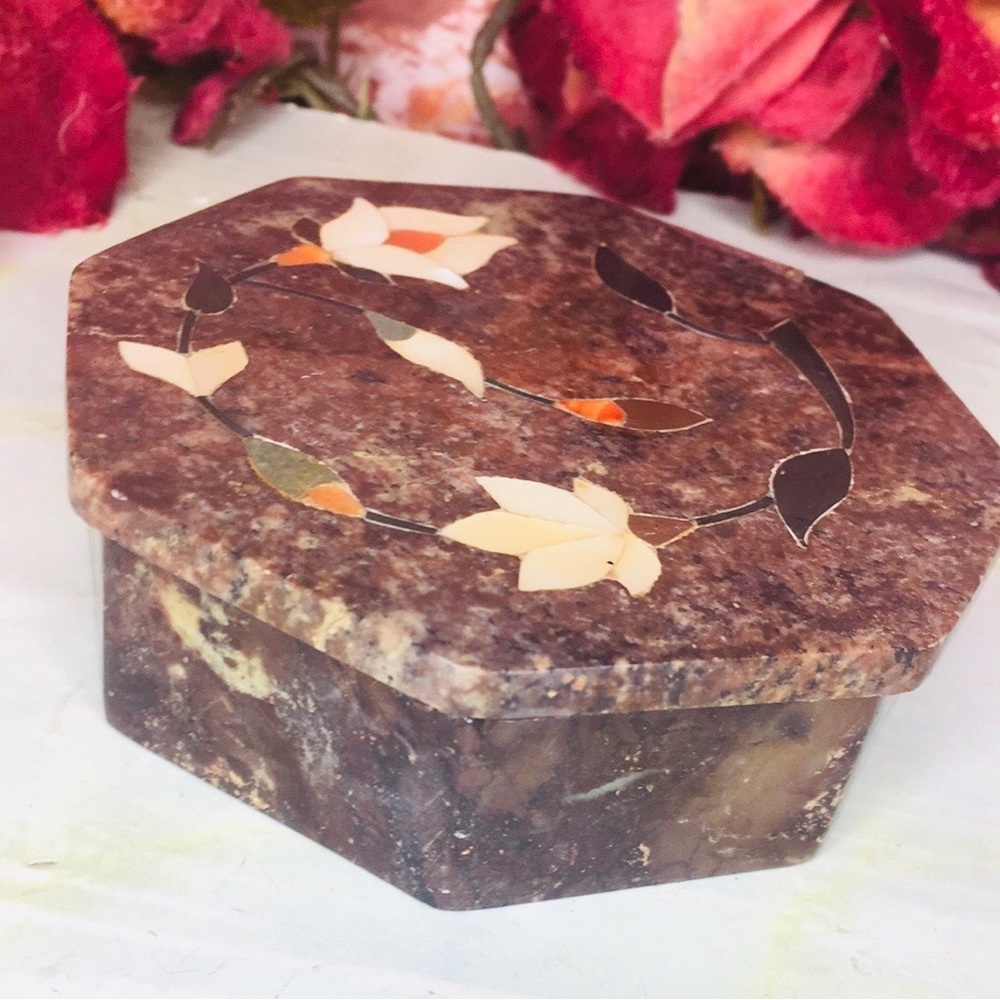 Vintage Fetco Brown Floral Soapstone Mother of Pearl Inlay Trinket Box